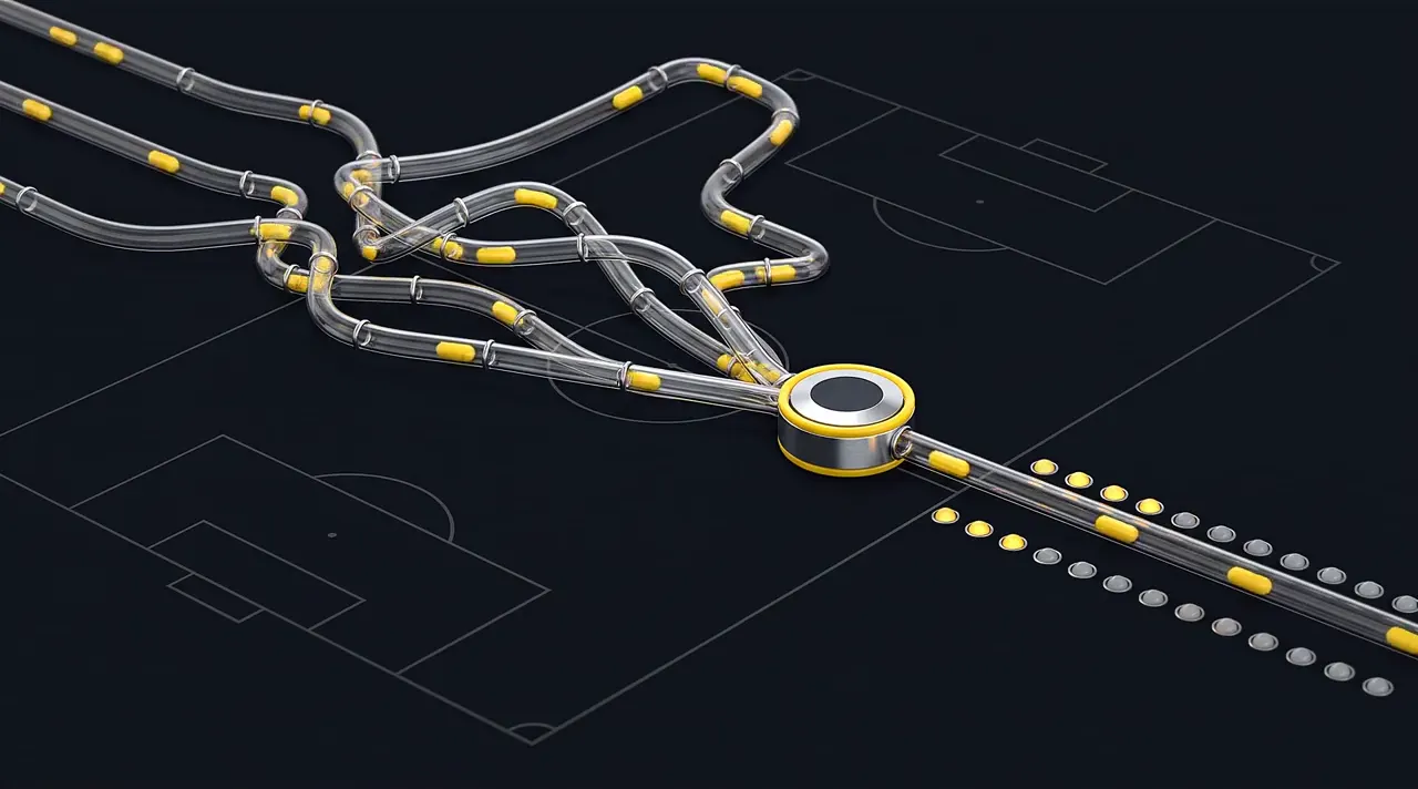 Glass tubes rise from a faint football pitch, carry yellow capsules through a sorter and out along one tube, where a row of lamps settles lit or unlit as each capsule lands.